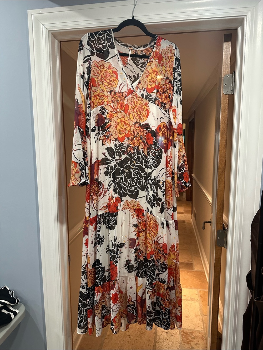 Free People Cream Maxi Dress with Orange & Black Floral Print